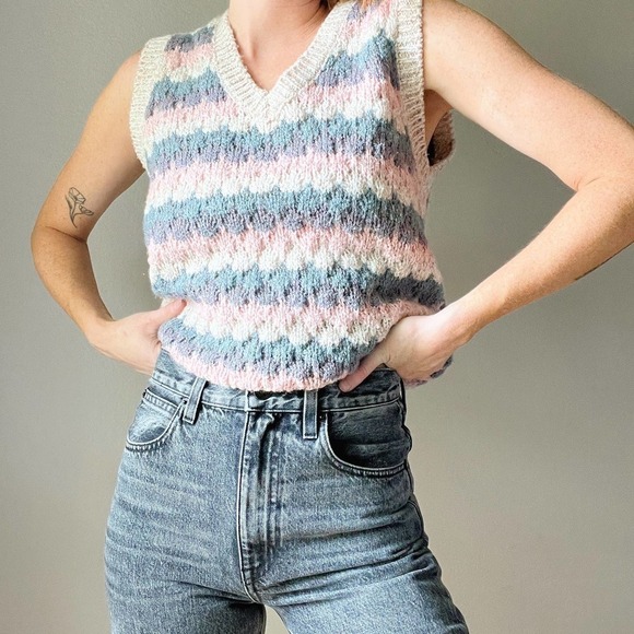 Vintage Sweaters - Vintage Pastel Striped Textured Knit V Neck Sweater Vest